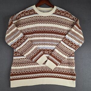Hollister Sweater Womens S Brown Cream Fair Isle Geometric Knit Cotton Crewneck